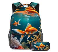 Level Up Your Style, juego de 2 mochilas escolares para niños, mochila de moda y estuche para lápices, para niños, niñas y adolescentes, bonito pez dorado, multicolor, B：29.4x20x40cm P：19x7.5x3.8cm,