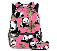 Level Up Your Style, juego de 2 mochilas escolares para niños, mochila de moda y estuche para lápices, para niños, niñas y adolescentes, lindo panda sobre rosa, multicolor, B：29.4x20x40cm\