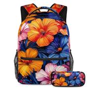 Level Up Your Style, juego de 2 mochilas escolares para niños, mochila de moda y estuche para lápices, para niños, niñas y adolescentes, flores coloridas, multicolor, B：29.4x20x40cm P：19x7.5x3.8cm,