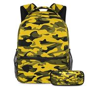 Level Up Your Style, juego de 2 mochilas escolares para niños, mochila de moda y estuche para lápices, para niños, niñas y adolescentes, patrón de camuflaje amarillo, Multicolor#06, B：29.4x20x40cm\