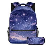 Level Up Your Style, juego de 2 mochilas escolares para niños, mochila de moda y estuche para lápices, para niños, niñas y adolescentes, cielo estrellado morado, multicolor, B：29.4x20x40cm\