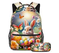 Level Up Your Style, juego de 2 mochilas escolares para niños, mochila de moda y estuche para lápices, para niños, niñas y adolescentes, colorido huevo de conejo de Pascua, multicolor, B：29.4x20x40cm\
