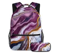 Level Up Your Style, Juego de 2 mochilas escolares para niños, mochila moderna y estuche para lápices, para niños, niñas y adolescentes, textura de mármol morado, multicolor, B：29.4x20x40cm\