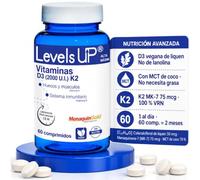Levels UP Vitamina D3 K2 MK7 vegana, 2000 UI, 60 comprimidos, 2 meses | Vitamina D3 y K2 2000 UI, D3 de liquen y MenaquinGold con MCT, liberacion prolongada 12 h, 1 al dia, hecho en Espana