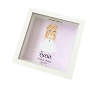 Leven Levenalm Hucha Personalizada comunión niña niño. Madera y Cristal. Personalizado con Nombre y Fecha.