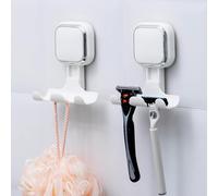 LEVERLOC Soporte para maquinilla de afeitar para ducha, paquete de 2 ganchos con ventosa, soporte para maquinilla de afeitar, reutilizable para toallas y albornoces, no requiere taladro, blanco
