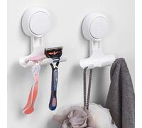 LEVERLOC Soporte para maquinilla de afeitar para ducha, paquete de 2 ganchos de succión de baño al vacío reutilizables para toallas, batas, maquinilla de afeitar, bola de baño, gancho de ducha de