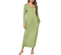 Leversic Camisones para Mujer Manga Larga Camisón Largo de Algodón hasta el Tobillo Camisón Largo con Cuello en V Camisón de Talla Grande con Bolsillos(Verde,XXL)