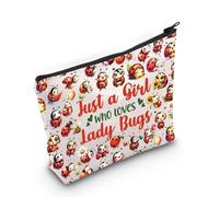 LEVLO Bolsa de maquillaje con diseño de mariquita, ideal para amantes de los insectos, regalo de recuerdo con texto en inglés "Just A Girl Who Loves Ladybug", con cremallera, color rojo, Bolsa de