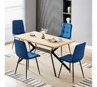 LEWE Conjunto de Comedor con Mesa 4 Sillas, Mesa de Cocina Rectangular Madera Clara de 140X80X76cm con 4 Azul Oscuro Sillas de Comedor Holandés Terciopelo, Patas Metal Negro, Aptas Comedor y Salón