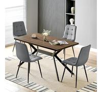 LEWE Conjunto de Comedor con Mesa 4 Sillas, Mesa de Cocina Rectangular Madera Oscura 140X80X76cm con 4 Gris Oscuro Sillas de Comedor Holandés Terciopelo, Patas Metal Negro, Aptas Comedor Salón