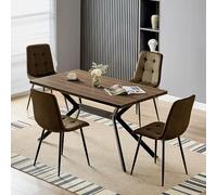 LEWE Conjunto de Comedor con Mesa 4 Sillas, Mesa de Cocina Rectangular Madera Oscura de 140X80X76 cm con 4 Marrón Sillas de Comedor Holandés Terciopelo, Patas Metal Negro, Aptas Comedor y Salón