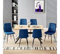 LEWE Conjunto de Comedor con Mesa 6 Sillas, Mesa de Cocina Rectangular Madera Clara de 140X80X76cm con 6 Azul Oscuro Sillas de Comedor Holandés Terciopelo, Pata Metal Negro, Aptas Comedor y Salón