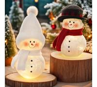 Lewondr 2PCS Decoraciones Navideñas De Mesa, 6,5" Figuras De Muñecos Nieve Iluminados, Muñecos Nieve Vidrio Agrietado Navideños con Bufandas Y Gorros Tejidos para El Hogar