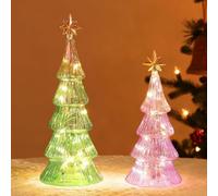Lewondr Árbol de Navidad de Vidrio Lámparas, 2PCS Lámparas de Mesa de Navidad con Operación de Batería Incorporadas, Sobremesa Pequeño Árbol de Mercurio Luces Decoración Navideña, Verde & Morado