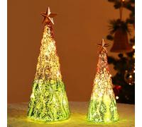 Lewondr Árbol de Navidad de Vidrio Luces, 2 Piezas Lámparas de Mesa de Navidad con Operación de Batería Incorporadas, Sobremesa Pequeño Árbol de Mercurio Luces Decoración Navideña, Verde y Dorado