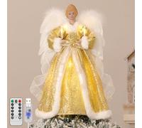 Lewondr Árbol de Navidad Ornamento Ángel, 12 Pulgadas Árbol de Navidad Ángel con 8 Luces, Mando a Distancia y USB Operado Ángel Árbol con Alas, Temporizador 6H Decoración del Árbol de Navidad, Oro