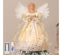 Lewondr Árbol de Navidad Ornamento Ángel, Árbol de Navidad Ángel con 8 Modos, Mando a Distancia y USB Operado Ángel Árbol con Alas, Temporizador 6H Decoración del Árbol de Navidad, Oro