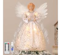 Lewondr Árbol de Navidad Ornamento Ángel, Árbol de Navidad Ángel con 8 Modos, Mando a Distancia y USB Operado Ángel Árbol con Alas, Temporizador 6H Decoración del Árbol de Navidad, Plateado