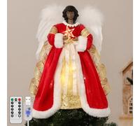 Lewondr Árbol de Navidad Ornamento Ángel Negro, Árbol de Navidad Ángel con 8Modos, Mando a Distancia y USB Operado Ángel Árbol con Alas, Temporizador 6H Decoración del Árbol de Navidad, Rojo