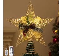 Lewondr Árbol de Navidad Topper, Estrella del Árbol Topper con Cuentas de Luz LED y Cono de Pino, Alimentadas por USB & Mando a Distancia Temporizador, Decoración para el Hogar de Vacaciones, Oro