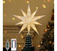 Lewondr Árbol de Navidad Topper, Estrella del Árbol Topper con Cuentas Luz LED, Estrella de Diez Puntas Arbórea con Telecontrol, Decoración para el Hogar Vacaciones, Plateado