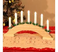 Lewondr Candelabro Sueco de Navidad, 7 Velas sin Llama con Alimentación USB, Luces de Velas para Ventana con Agujas de Pino, Candelabro de Mesa de Forma Puente para Decoración de Navidad Boda, Madera