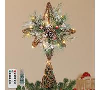 Lewondr Corona De Árbol De Navidad, 13,19" 20 LED Estrella De Navidad Ratán Rústica con Piña Y Hojas, Temporizador 6H, 8 Modos De Luz, USB Y Control Remoto Estrella Corona Árbol, Marrón