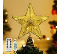 Lewondr Estrella de Cinco Puntas para Árbol de Navidad, Adorno de Árbol de Estrella Brillantes, USB con Mando a Distancia Ornamento Colgantes con Luces Led Decorativo Hogar Jardín, Oro Champagne