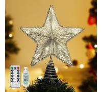 Lewondr Estrella de Cinco Puntas para Árbol de Navidad, Adorno de Árbol de Estrella Brillantes, USB con Mando a Distancia Ornamento Colgantes con Luces Led Decorativo Hogar Jardín, Plata