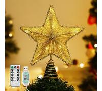 Lewondr Estrella de Cinco Puntas para Árbol de Navidad, Adorno de Árbol de Estrella Brillantes, USB con Mando a Distancia Ornamento Colgantes con Luces Led Decorativo Hogar Jardín, Oro