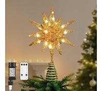 Lewondr Estrella para Árbol de Navidad, 11" Enchufable y Control Remoto Estrella de Copa Geométrica 3D Iluminada para Decoración Navideña, Función Temporizador y Cable 5m, Luz Cálida, Oro