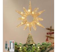 Lewondr Estrella para Árbol de Navidad, Estrella de Navidad Metal 14,17'' con 30 Luces LED, Mando a Distancia USB, Girasol Brillante, 8 Modos de Luz, Temporizador 6H, Decoración Navideña Hogar, Dorado