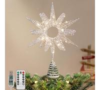 Lewondr Estrella para Árbol de Navidad, Estrella de Navidad Metal 14,17'' con 30 Luces LED, Mando a Distancia USB, Girasol Brillante, 8 Modos de Luz, Temporizador 6H, Decoración Navideña Hogar, Plata