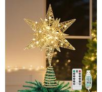 Lewondr Estrella para Copa del Árbol, 28CM Adorno para Árbol de Navidad con 8 Modos de Luces por USB con Mando a Distancia & Temporizador, Gran Topper Árbol Decoración Navideña del Hogar, Oro