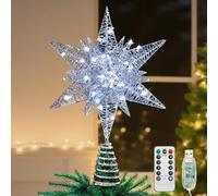 Lewondr Estrella para Copa del Árbol, 28CM Adorno para Árbol de Navidad con 8 Modos de Luces por USB con Mando a Distancia & Temporizador, Gran Topper Árbol Decoración Navideña del Hogar, Plata