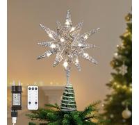 Lewondr Estrella para Copa del Árbol de Navidad, Adorno para Copa del Árbol Geométrico 3D con Temporizador, Mando a Distancia, Cable de 5M Gran Topper Decoración de Navidad del Hogar, Plata