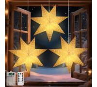 Lewondr Farolillos De Papel Estrella Navideños 3PCS, Luces Colgantes Estrella De 7 Puntas Con Puntos Calados, Faroles De Papel LED Con Temporizador 6H Para Decoración Festiva, Con Control Remoto