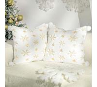 Lewondr Funda de Almohada Decorativa, 2PCS 45x45CM Fundas de Cojines de Felpa con Copo de Nieve de Lentejuelas & Pompón de Felpa, Fundas de Almohada Cuadradas Boho para Fiesta Hogar Oficina Cama Coche