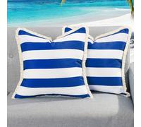 Lewondr Funda de Almohada Impermeable al Aire Libre, 2PCS Funda de Cojín Cuadrada a Rayas con Flecos, Funda para Almohada para Patio Porche Granja Jardín Balcón Sofá, 45×45cm, Azul Marino