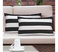 Lewondr Funda de Almohada Impermeable Exterior, 2PCS Funda de Cojín Rectangular a Rayas, Funda de Almohada Impermeable para Patio Porche Casa de Campo Jardín Balcón, 30x50cm, Negro Gris & Blanco
