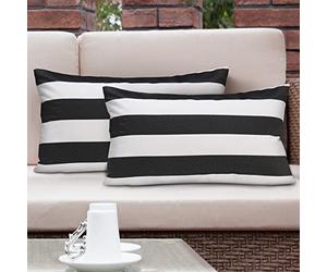 Lewondr Funda de Almohada Impermeable Exterior, 2PCS Funda de Cojín Rectangular a Rayas, Funda de Almohada Impermeable para Patio Porche Casa de Campo Jardín Balcón, 30x50cm, Negro Gris & Blanco