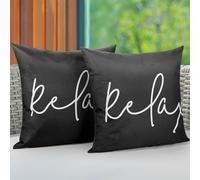 Lewondr Funda Impermeable para Cojín de Exterior, 2 Piezas 50x50cm Fundas con Estampado Relax, Fundas de Cojín Decorativas Verano para Jardín para Sofá de Terraza Balcón Porche, Negro