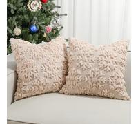 Lewondr Fundas Decorativas para Almohada, 2PCS 45x45cm Fundas Navideñas para Cojines de Terciopelo con Bordado Tridimensional de Copos de Nieve, Funda de Almohada de Navidad para Sofá Silla Cama,Avena