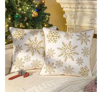 Lewondr Fundas Decorativas para Almohada de Terciopelo, 2PCS 45x45cm Fundas Navideñas para Cojines con Bordado de Copos de Nieve, Fundas de Almohada de Navidad para Sofá Silla Cama Coche, Oro