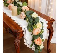 Lewondr Guirnalda de Eucalipto Artificial con Flores - 8 Rosas 8 Peonías, 2PCS 4M Guirnaldas de Flores Falsas, Enredaderas Florales Artificiales, Sin Mantenimiento para Decor Mesa,Champagne Mixto
