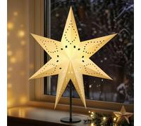 Lewondr Lámpara De Mesa Estrella De Navidad 3D De Papel, 17,72" Estrella Navideña De 7 Puntas Calada Iluminada Con Bombilla LED E14, Decoración De Mesa Navideña Con Base De Hierro Para Hogar