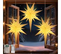 Lewondr Linterna Estrella De Navidad De Papel 3PCS, Luces Estrella Belén Colgantes con Control Remoto, Linternas De Papel LED con Temporizador De 6 Horas para Decoración Navideña del Hogar, Luz Cálida