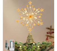 Lewondr Remate para Árbol De Navidad, 13" 20LED Remate Estrella Centelleante De Metal, Estrella Iluminada con USB para Decoraciones Navideñas, Control Remoto, Temporizador 6H, 8 Modos De Luz, Oro