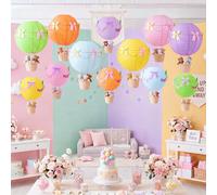Lewtemi 12 juegos de decoraciones colgantes de globos de aire caliente de 10 y 12 pulgadas, centros de mesa de baby shower, faroles de papel con cadena de luz, banderines, cuerda de lazo para